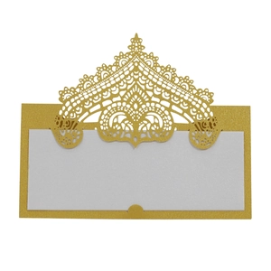 Detailed laser cut gold lace wedding place card with a premium white insert card