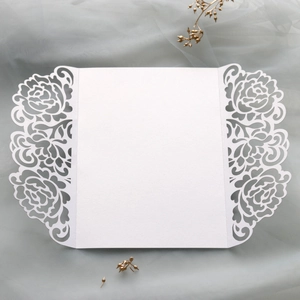 Elegant white laser-cut rose floral wedding invitation cover with a matte paper finish
