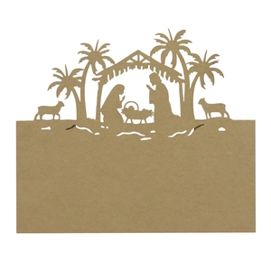 Laser-cut nativity scene kraft paper place card with blank space for Christmas table