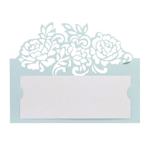 Laser cut light blue pearl paper rose seat card with white blank inner card for weddings