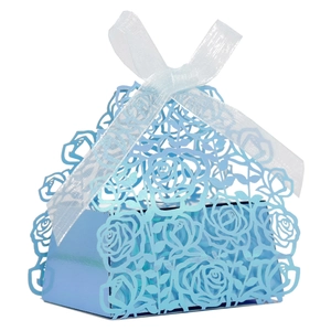 Laser cut blue rose gift box with white organza ribbon bow for wedding party favors