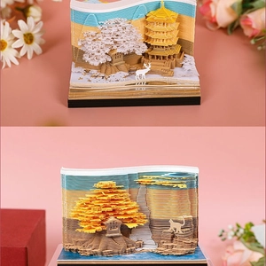 Intricate 3D paper carving memo pad featuring cherry trees and pagodas as desk art