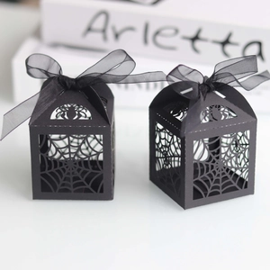 Black laser-cut spider web candy box with organza ribbon for Halloween party favors