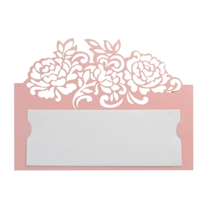 Elegant laser-cut pink rose flower place card for wedding table settings with white insert