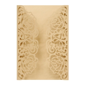 Detailed laser-cut rose pattern on champagne gold pearlescent wedding invitation cover