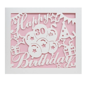 Detail of laser-cut 30th Happy Birthday card featuring balloons and gift box elements