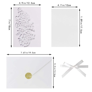 Detailed size guide for white laser cut floral invitation card set with envelopes