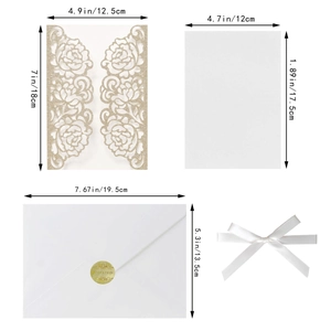 Detailed components of glitter gold laser-cut invitation set with dimensions and envelope
