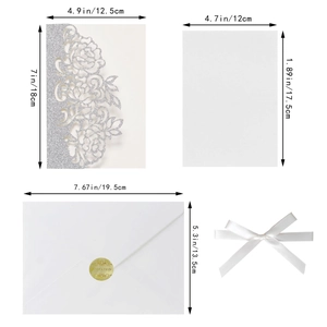 Detailed dimension guide for glitter laser-cut floral wedding invitation card set
