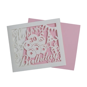 Laser-cut Happy 30th Birthday card featuring hollow balloons and festive elements