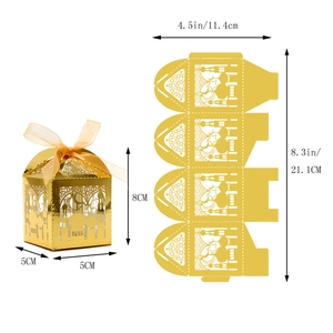 Detailed size guide for gold laser-cut candy boxes with star and mosque motifs