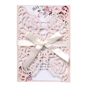 Elegant lavender laser cut wedding invitation with rose pattern and cream ribbon bow