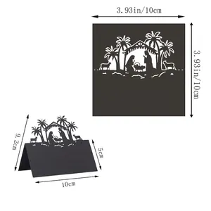Black paper cutout Nativity scene place card showing folded and flat 10x10cm dimensions