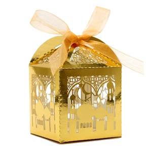 Golden laser-cut gift box with mosque star patterns and orange ribbon for festive treats
