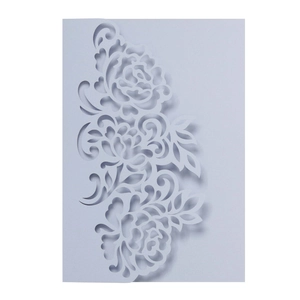 Elegant lavender laser-cut flower wedding invitation card with intricate hollow rose patterns