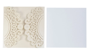 Detail of laser-cut invitation sleeve with intricate scrollwork and blank inner card