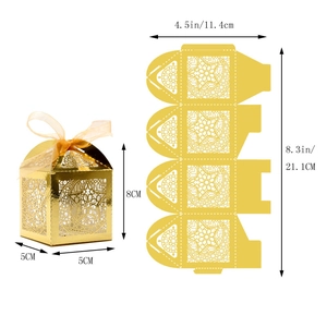 Flat lay and 3D view of laser-cut hollow star moon party favor box with ribbon