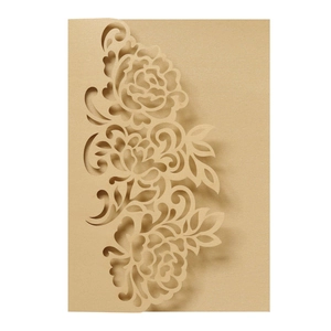 Champagne gold laser-cut invitation card with elegant layered peony floral pattern