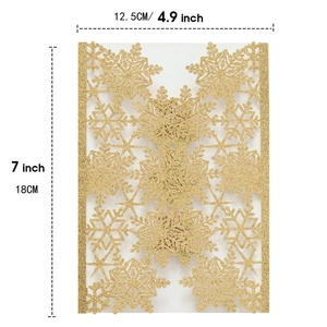 Detailed view of golden glitter laser-cut snowflake wedding card with 12.5x18cm dimensions