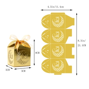 Detail showing dimensions of hollow gold moon candy box with 8cm height for parties