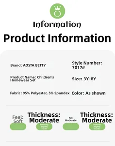 Size chart and material specs for kids loungewear set featuring 95% polyester and soft touch