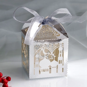 Macro detail of silver laser-cut gift box with intricate moon and star patterns