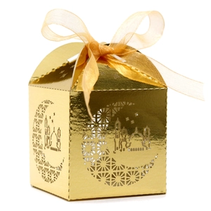 Golden laser-cut party candy box with crescent moon and mosque motif for Eid festival
