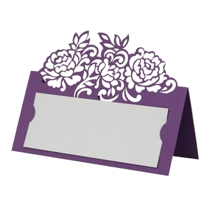 Detailed laser-cut purple floral place card with an elegant hollow peony flower design