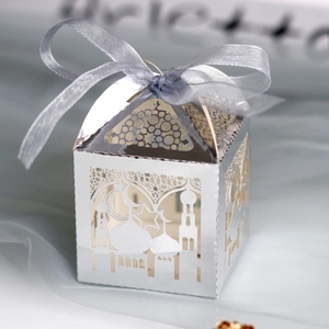 Macro detail of silver laser-cut gift box with Islamic mosque patterns and silk ribbon