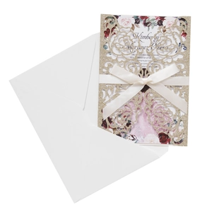 Elegant gold glitter rose hollow wedding invitation with watercolor floral card and ribbon