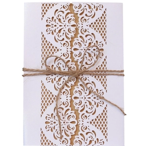 European Laser Cut Wedding Invitation White Lace Hollow Greeting Card Kraft Paper Inner Sheet Jute Rope Envelope For Wedding Party Bridal Shower Engagement Ceremony