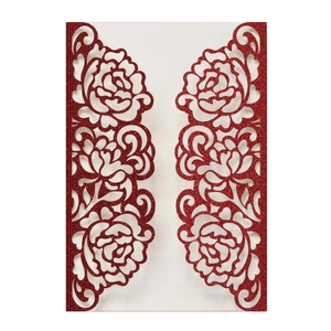 Gatefold red glitter laser-cut invitation card with elegant rose floral hollow design