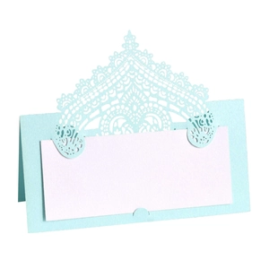 Light blue laser-cut lace place card with white insert for wedding table seat names
