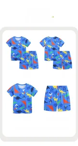 Detailed four-grid view showing blue dinosaur print cotton short set for toddler boys
