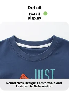 Detail of blue cotton t-shirt with ribbed crew neck and durable inner neck tape