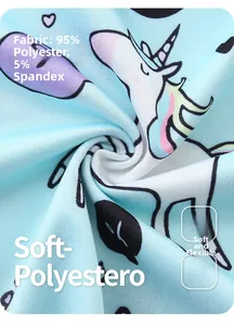 Macro shot of soft fabric with unicorn print made of 95% polyester and 5% spandex