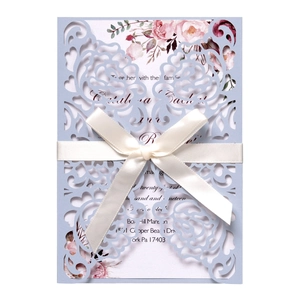 Lavender laser cut rose wedding invitation with watercolor floral insert and cream ribbon