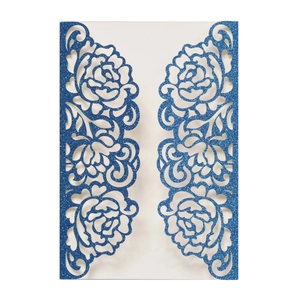 Royal blue glitter laser cut invitation cover with hollow rose pattern for weddings
