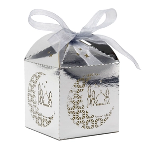 Eid Mubarak Laser Cut Paper Candy Box Moon Mosque Pattern Favor Box With Satin Ribbon For Ramadan Party Gift Wrap Supplies