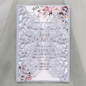 Detailed laser-cut lavender rose wedding invitation with floral printed inner card