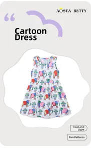 Detail of girls' cotton dress featuring colorful cartoon elephant and tropical prints