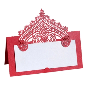 Detailed laser-cut hollow lace wedding place card in red pearlescent paper finish