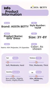 Size chart and fabric details for girls' short sleeve princess dress in lilac