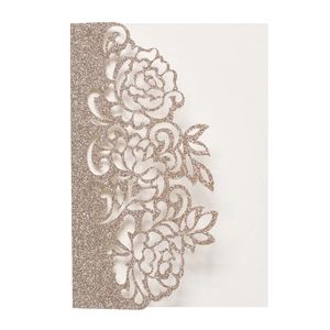 Detailed laser-cut rose design on glitter champagne gold wedding invitation card