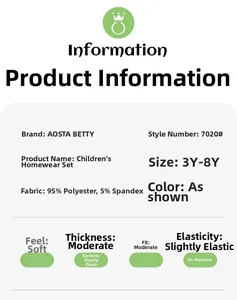 Tabella taglie 3Y-8Y e dettagli materiale 95% poliestere per pigiami per bambini