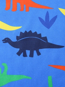 Kids bright blue short sleeve loungewear set featuring colorful cartoon dinosaur prints