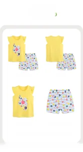 Gedetailleerde weergave van gele ruffletop en gestreepte bloemenshorts voor meisjes