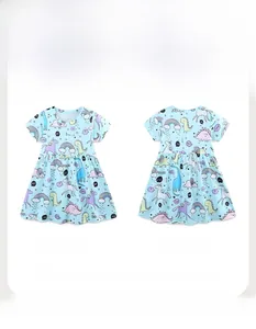 Front and back view of girls' light blue short sleeve dress with cartoon unicorn prints