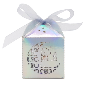 Detailed laser-cut silver holographic candy box with crescent moon and mosque patterns