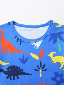Blue kids short sleeve T-shirt with colorful dinosaur patterns and round neck detail